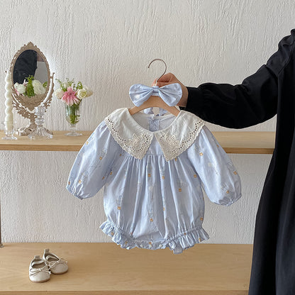Blue Children's Bodysuit/Dress with Flowers and Lace