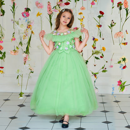 Green Girls' Dress with Small Flowers and a Small Bow