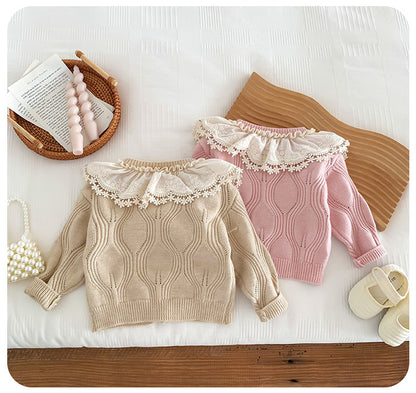 Children's Knitted Coat with Lace Collar
