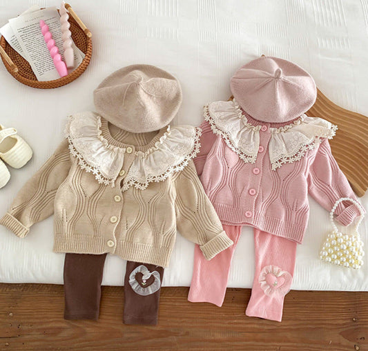 Children's Knitted Coat with Lace Collar