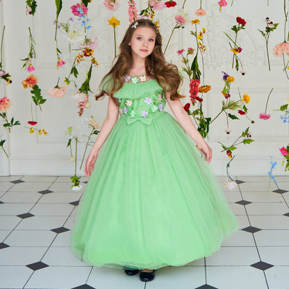Green Girls' Dress with Small Flowers and a Small Bow