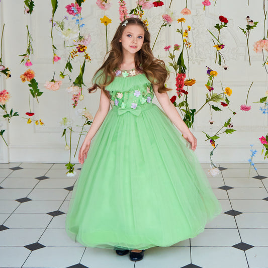 Green Girls' Dress with Small Flowers and a Small Bow