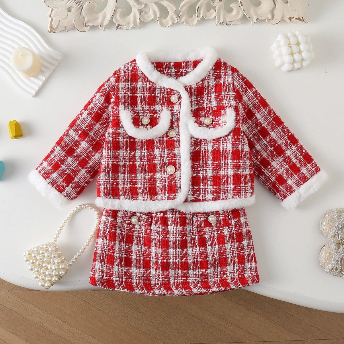 Girls' Set with Buttons and Faux Fur