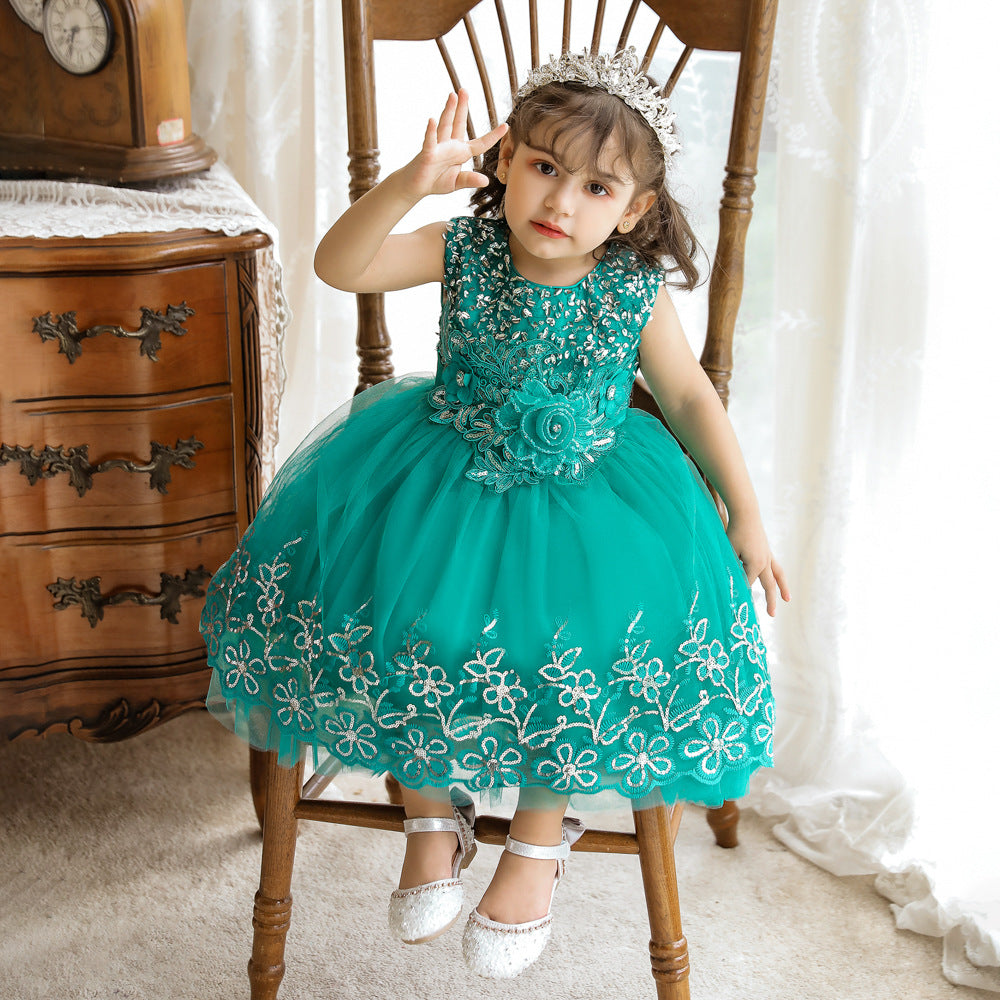 Vestido de fiesta infantil de tul brillante y flores 