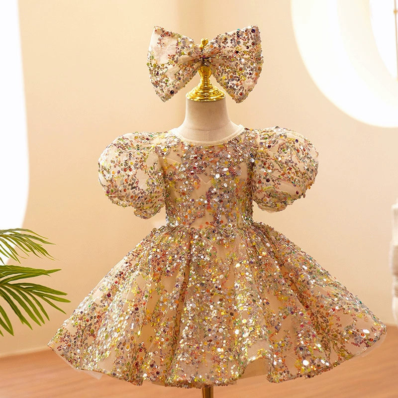 Gold Sequined Party Dress for Girls + Bow