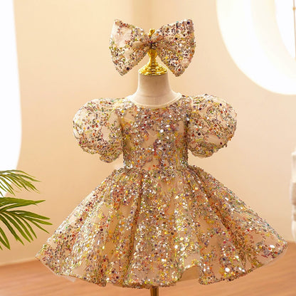 Gold Sequined Party Dress for Girls + Bow