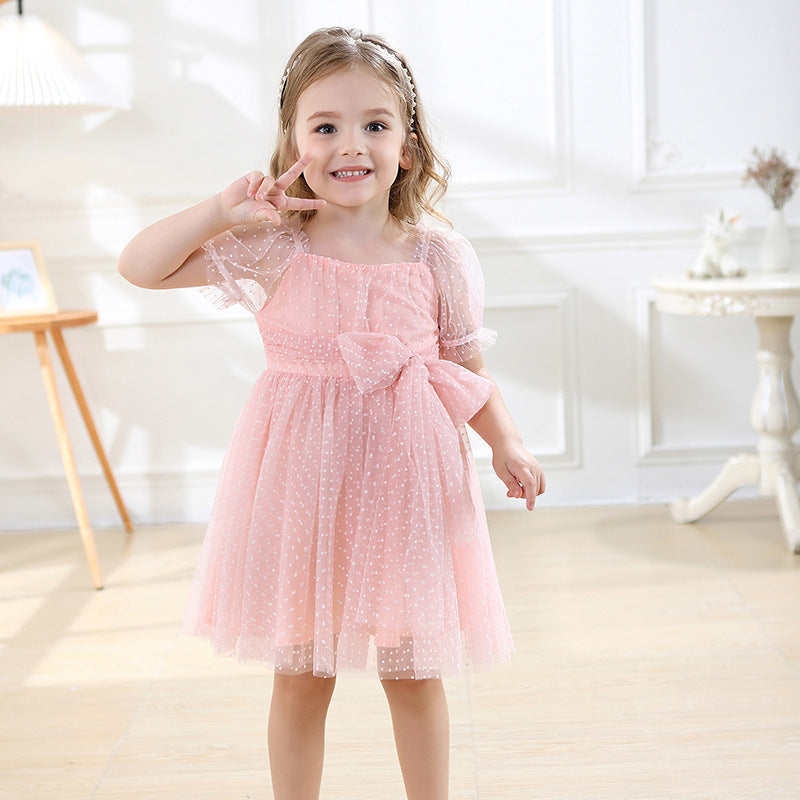 Vestido infantil con lazo de tul y lunares 