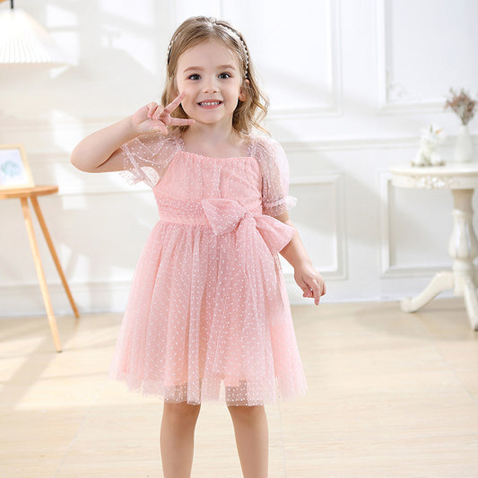 Vestido infantil con lazo de tul y lunares 