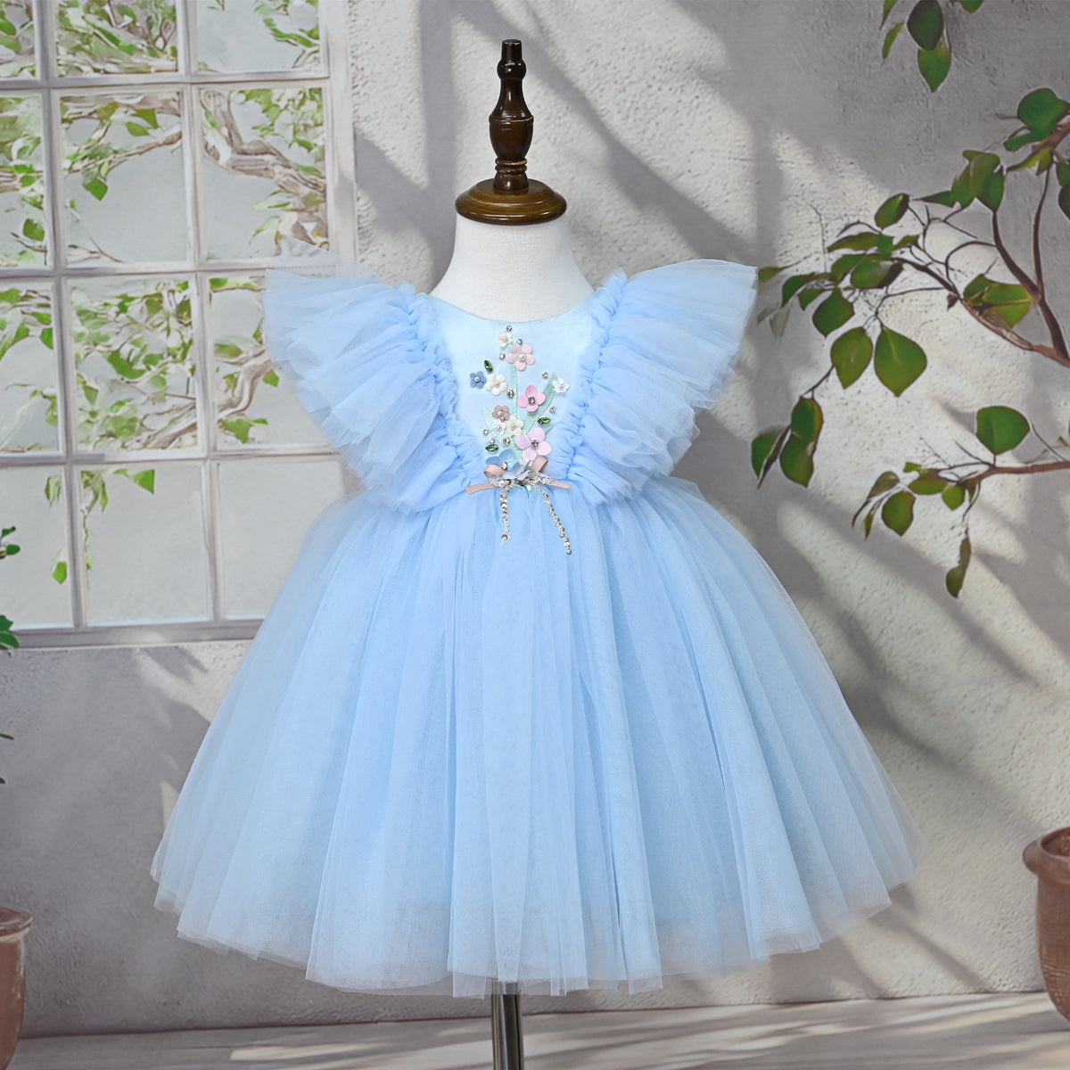 Flower Children Girls Flying Sleeve Tulle Princess Dress
