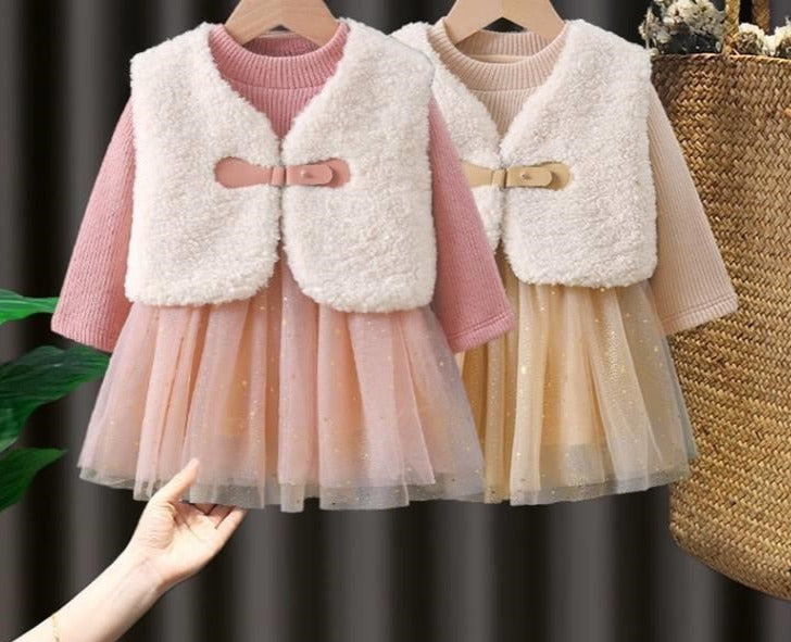 Conjunto infantil para mujer: vestido de tul y chaleco de lana 
