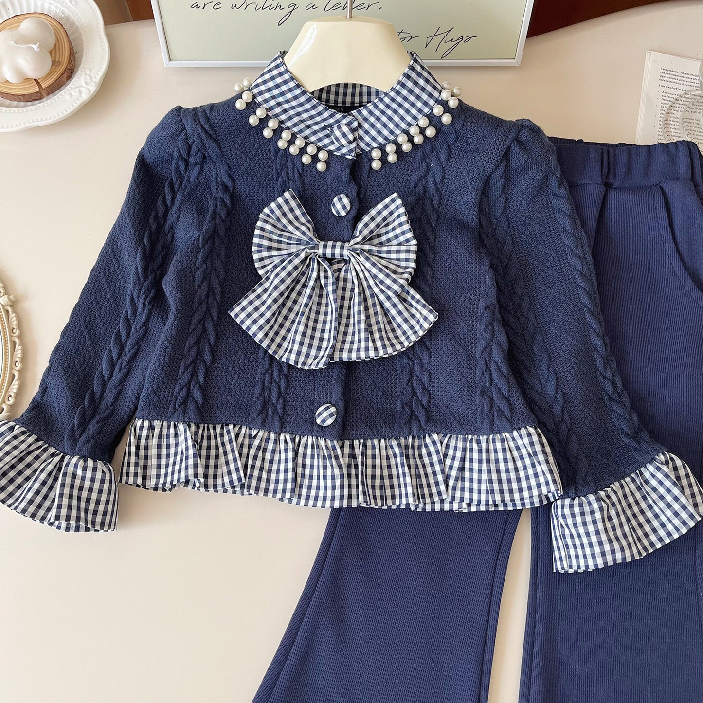 Girls' Checkered Outfit with Bow