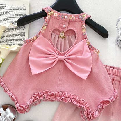 Girls' Denim Set with Floral Print