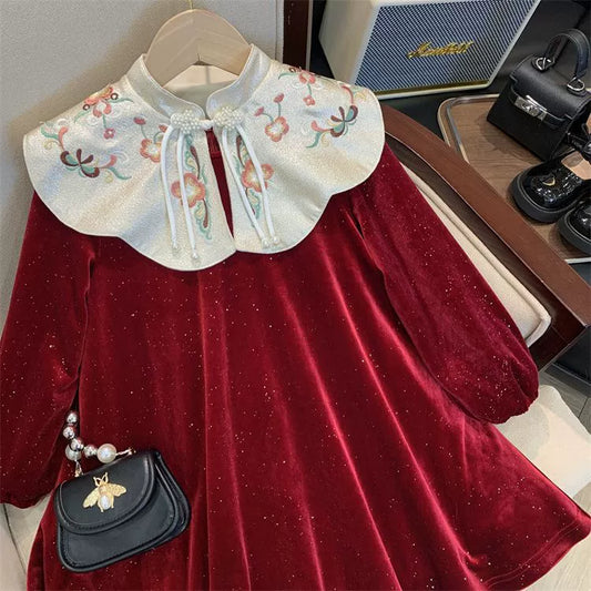 Children's Velvet Dress with Floral Collar