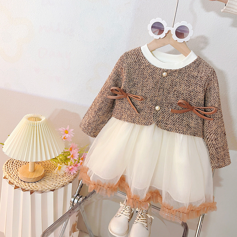 Vestido infantil de tweed y tul con lazos