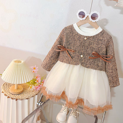 Vestido infantil de tweed y tul con lazos