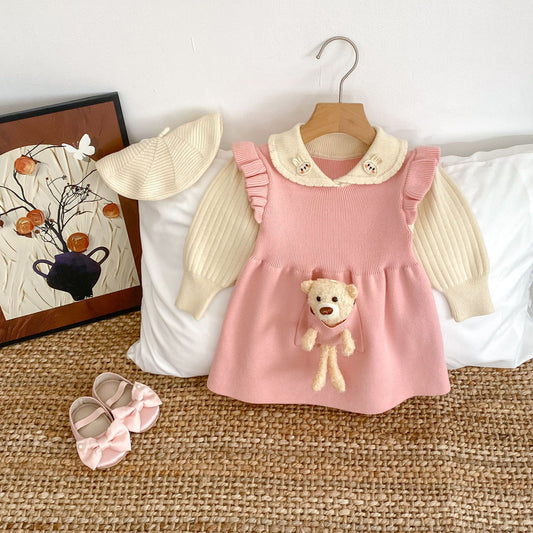 Children's Knitted Dress with Teddy Bear Collar