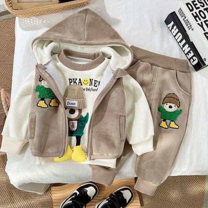 Cartoon Print Sweatshirt+Pants+Vest 3Pcs Suit For 1-4Y Kids Thick Warm Outfit