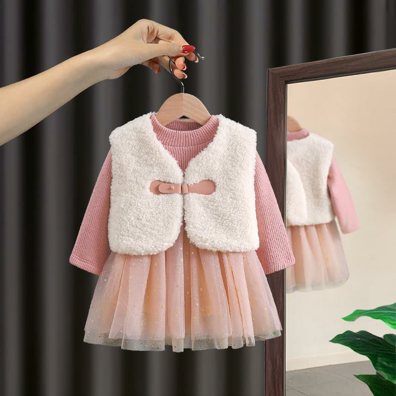Conjunto infantil para mujer: vestido de tul y chaleco de lana 
