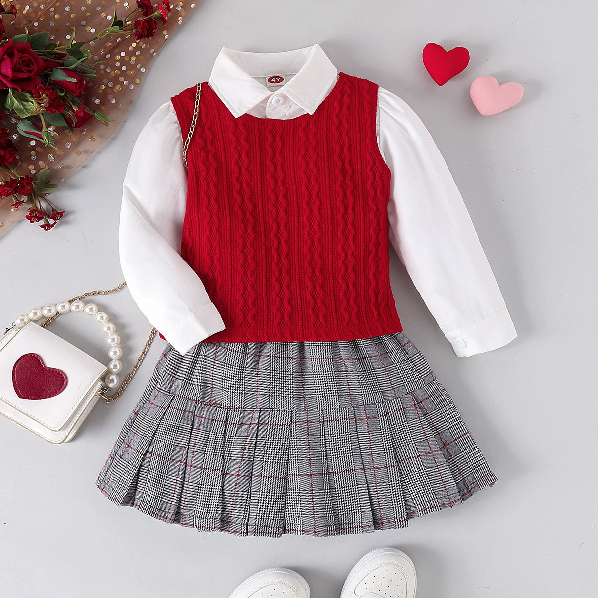 Conjunto de 3 piezas para niña: chaleco y falda 