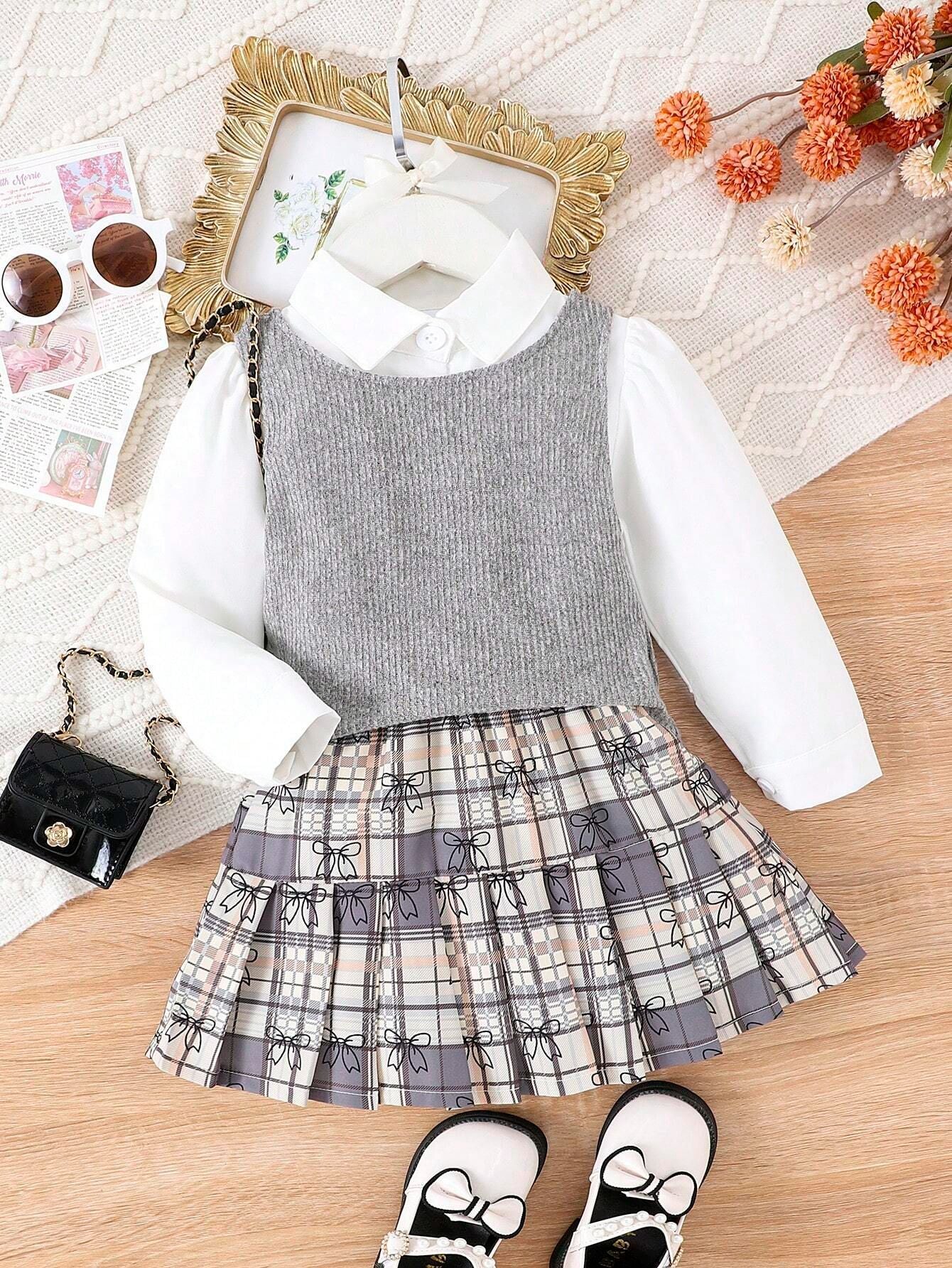 Conjunto de 3 piezas para niña: chaleco y falda 