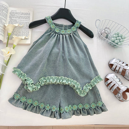 Girls' Denim Set with Floral Print