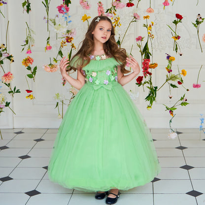 Green Girls' Dress with Small Flowers and a Small Bow