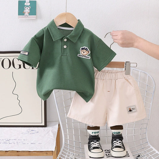 Boys' Polo Shirt Set with Teddy Bear Design