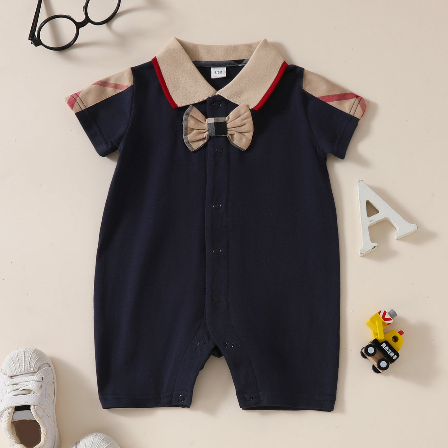 Baby Romper with Bow Tie Collar