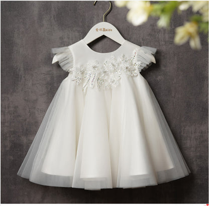 Vestido infantil blanco con flores y lazo 