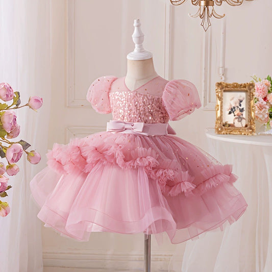 Children's Pink Puffy Party Dress with Sparkles