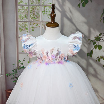 White Party Dress with Colorful Flowers