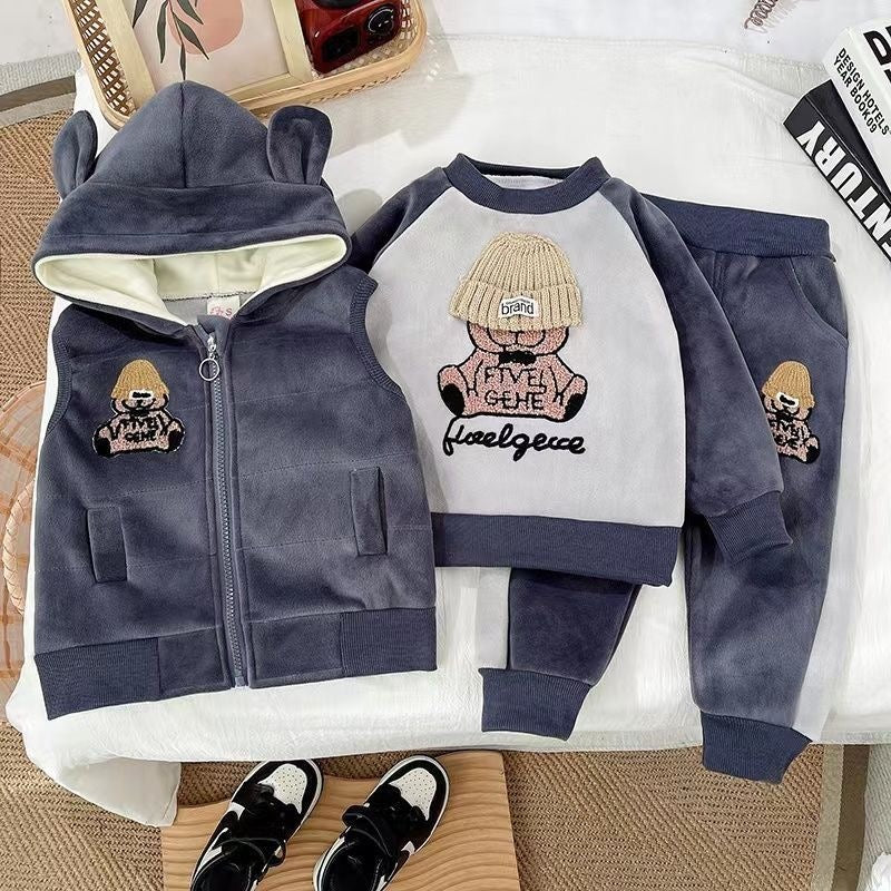 Cartoon Print Sweatshirt+Pants+Vest 3Pcs Suit For 1-4Y Kids Thick Warm Outfit