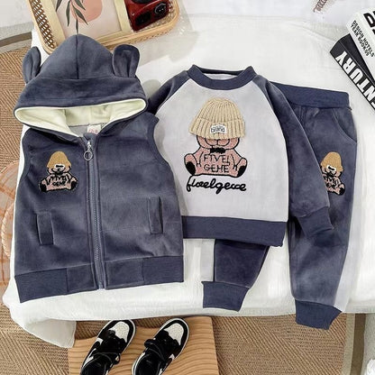 Cartoon Print Sweatshirt+Pants+Vest 3Pcs Suit For 1-4Y Kids Thick Warm Outfit