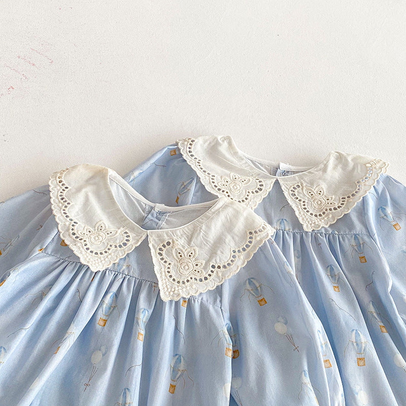 Blue Children's Bodysuit/Dress with Flowers and Lace