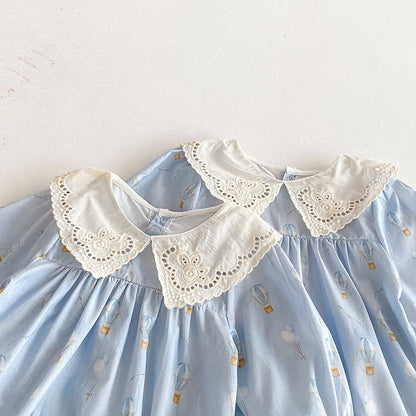 Blue Children's Bodysuit/Dress with Flowers and Lace