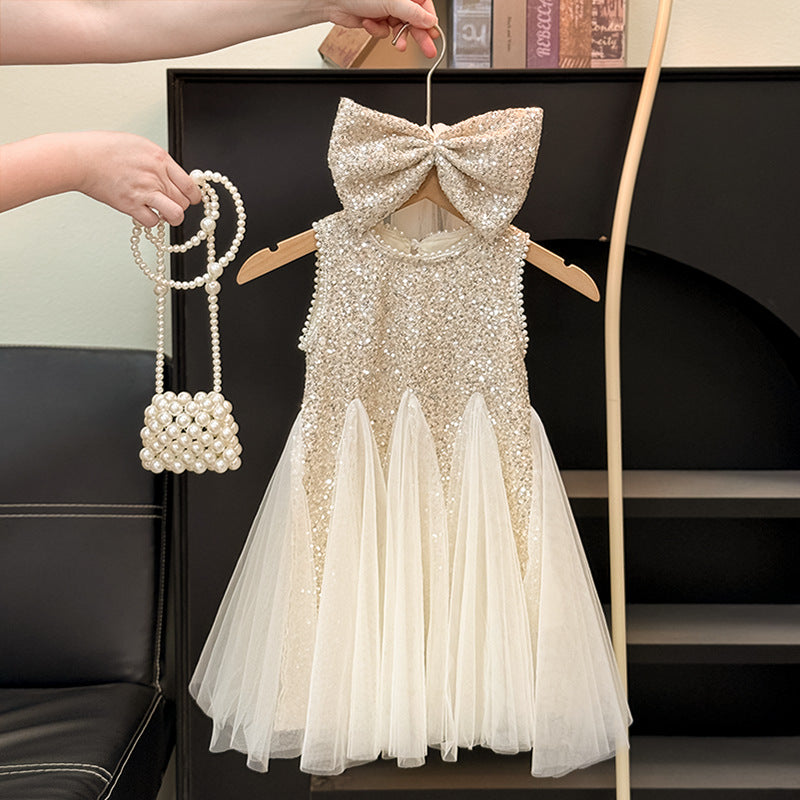 Shiny Children's Dress with Bow and Tulle