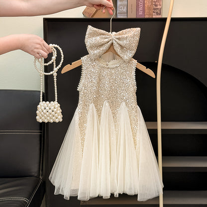 Shiny Children's Dress with Bow and Tulle