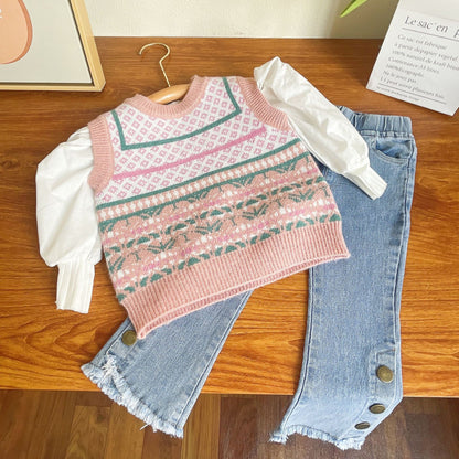 Conjunto de 3 piezas de suéter y jeans para mujer 
