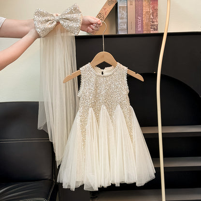 Shiny Children's Dress with Bow and Tulle