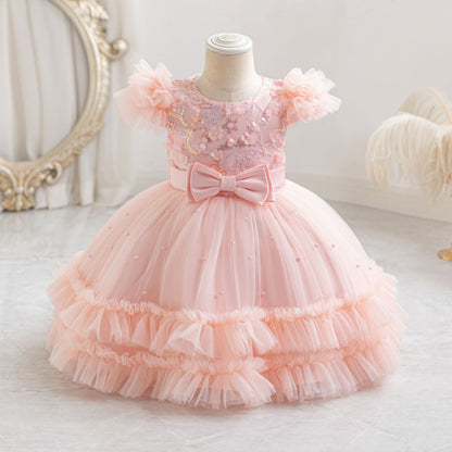 Vestido de fiesta infantil con lazo de flores pequeñas 
