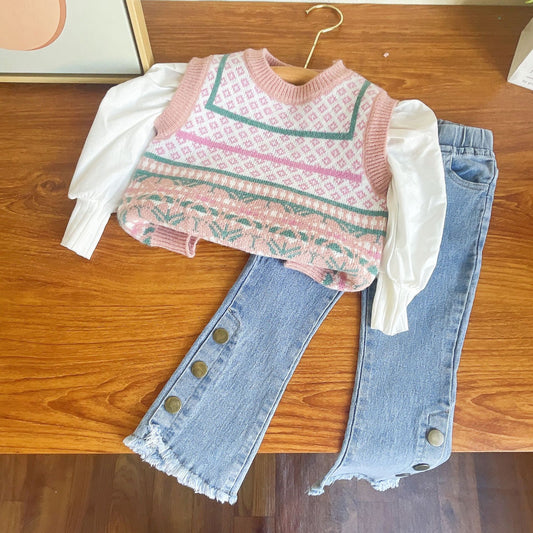 Conjunto de 3 piezas de suéter y jeans para mujer 