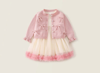 Vestido de tul + cárdigan con lazo 