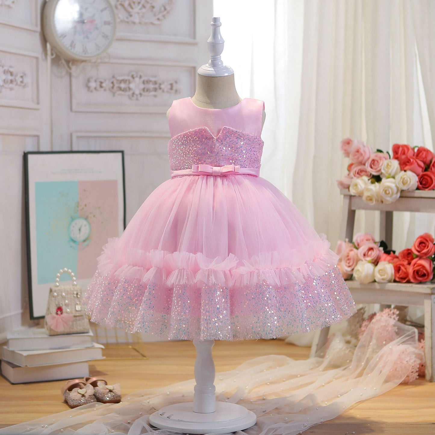 Vestido de fiesta infantil de tul brillante con encaje 