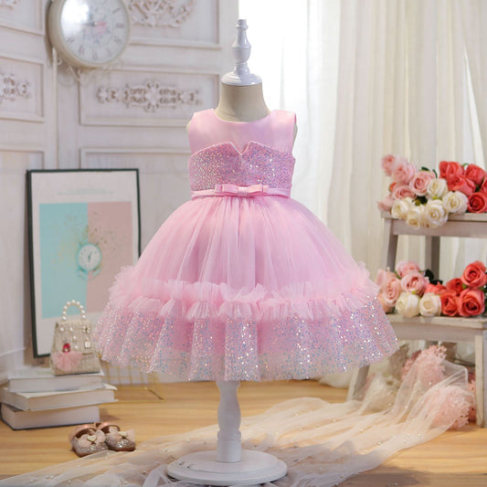 Vestido de fiesta infantil de tul brillante con encaje 