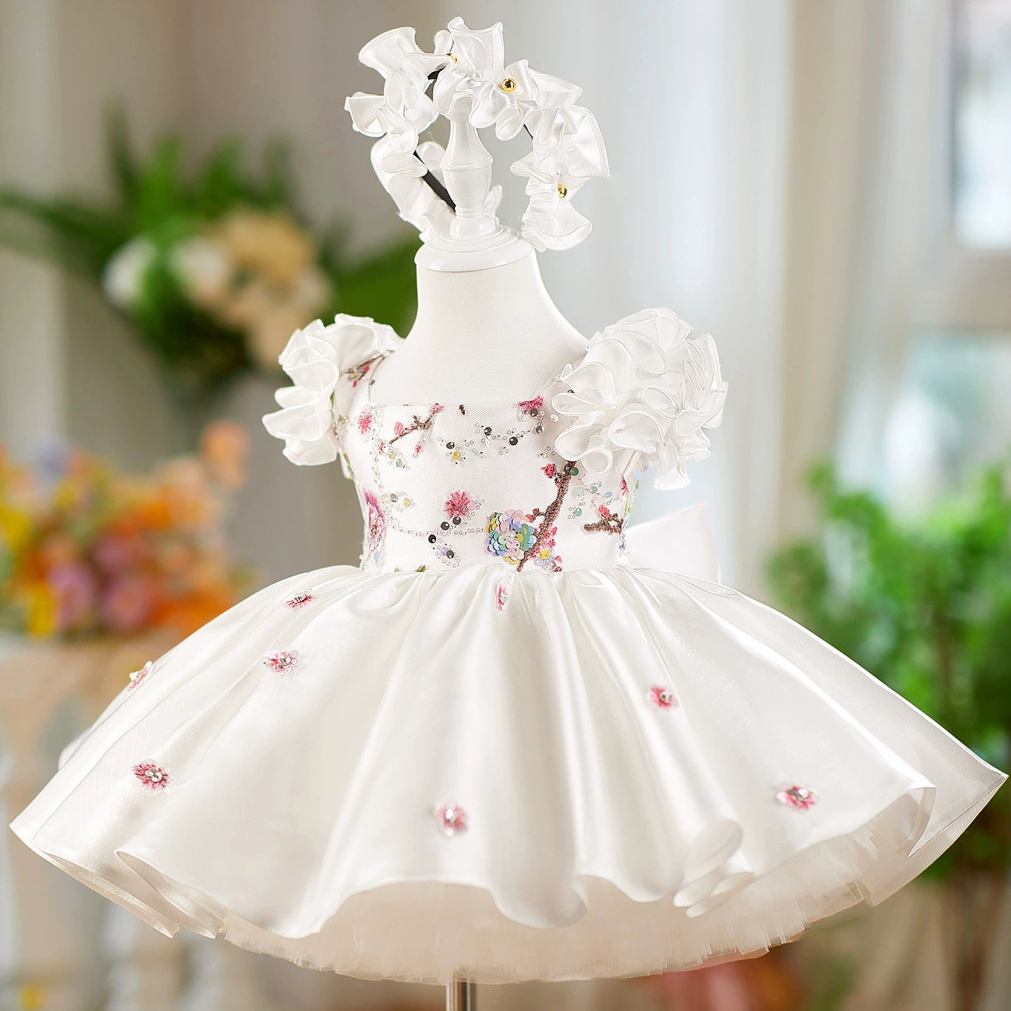 White Party Dress with Sparkling Flowers