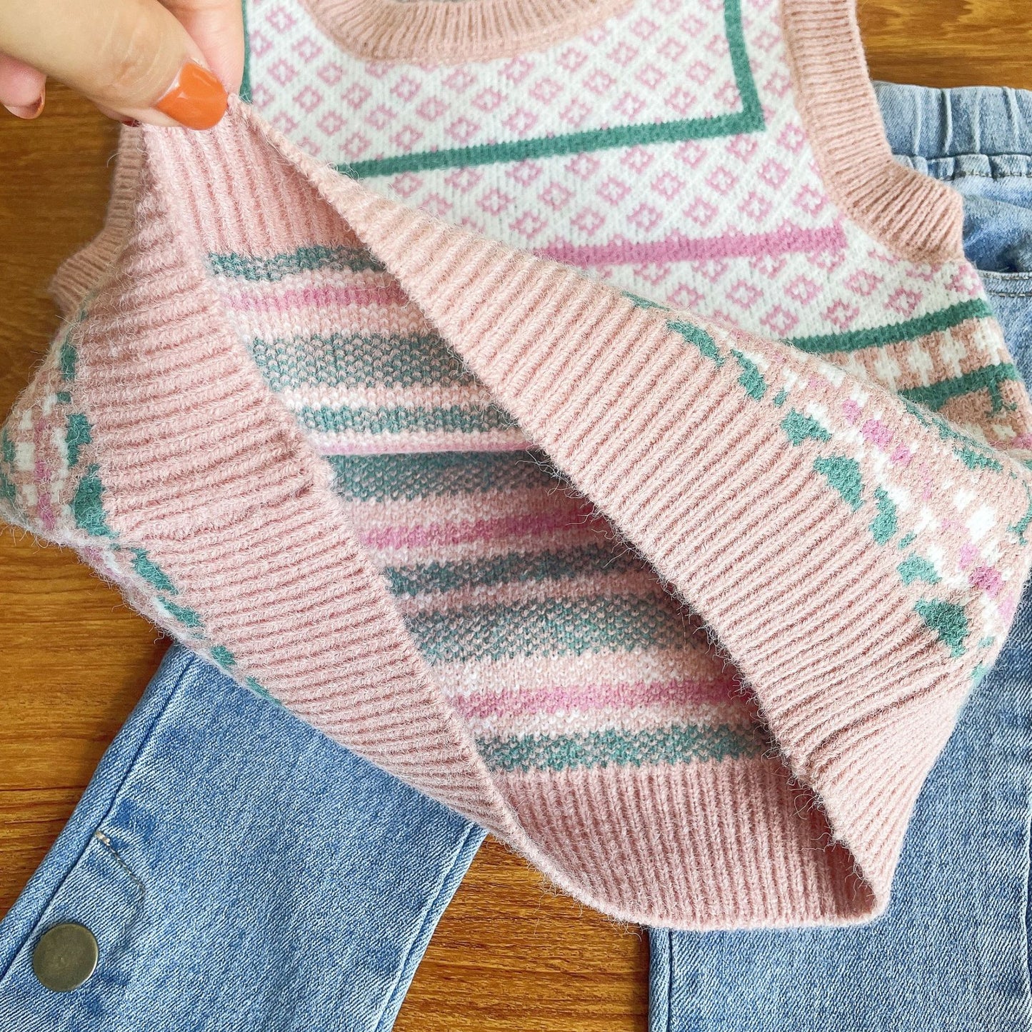 Conjunto de 3 piezas de suéter y jeans para mujer 