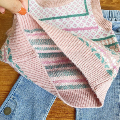Conjunto de 3 piezas de suéter y jeans para mujer 