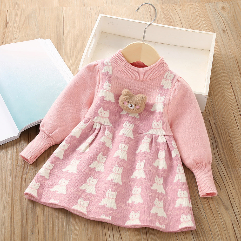 Children's Knitted Dress with Teddy Bear and Kitten