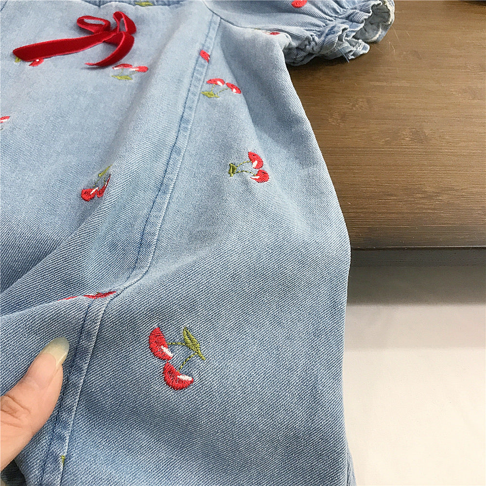Children's Cherry Embroidered Jeans Dress