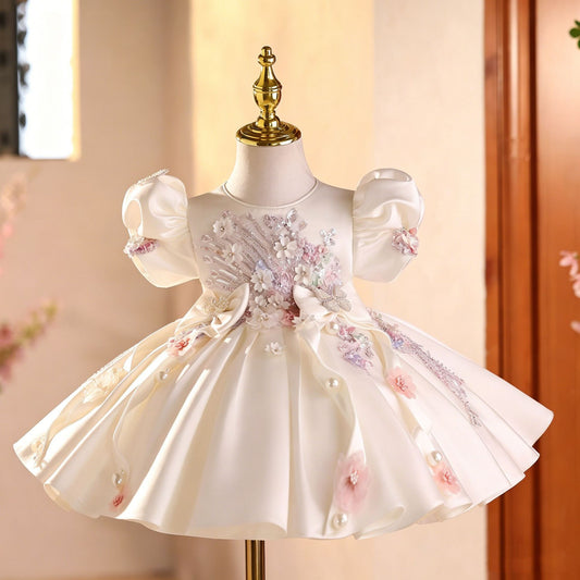 White Children's Dress with Shiny Flowers